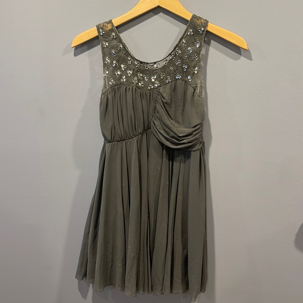 Grey dress for dance or baton twirling. Swarovski crystals. Adult medium